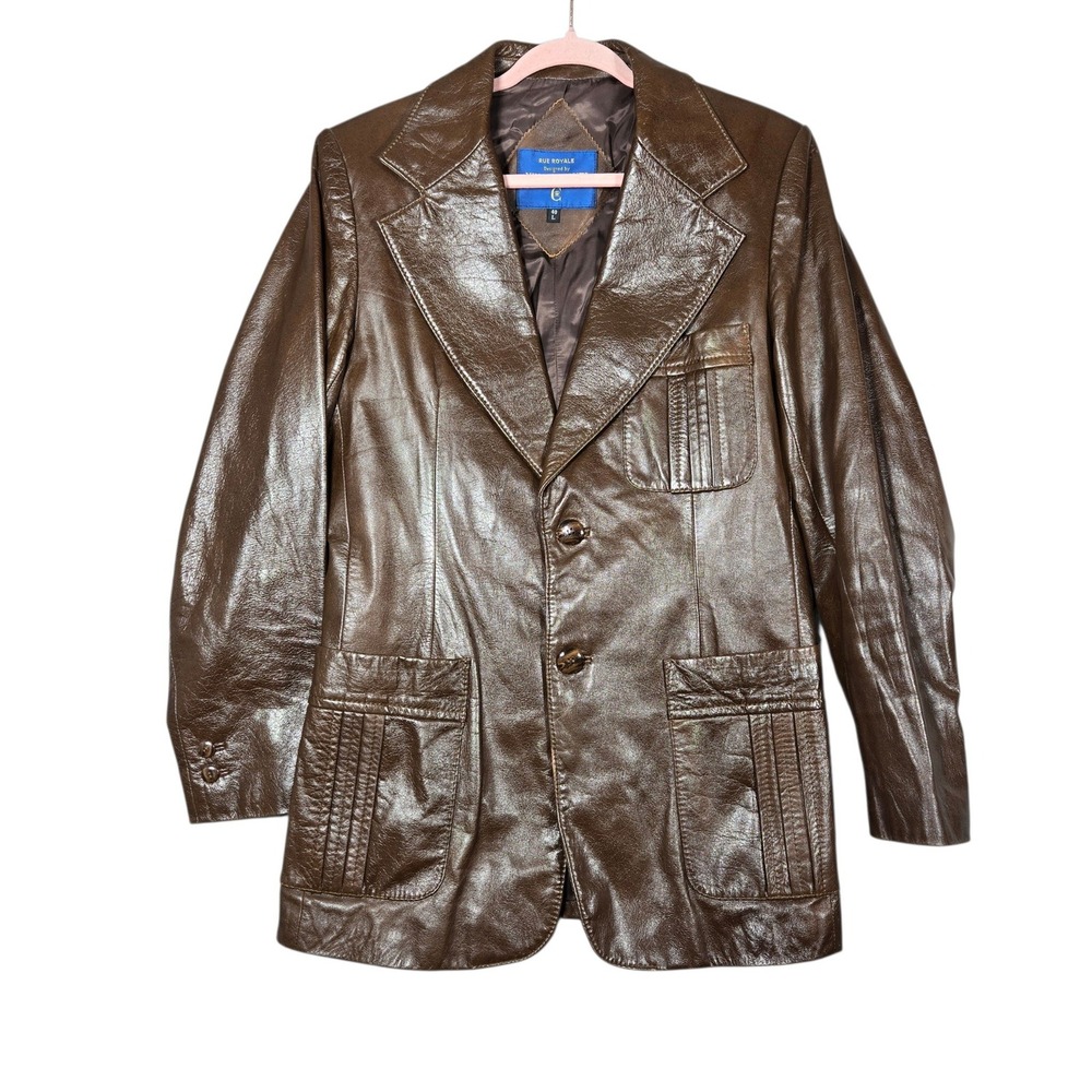 Vintage 70s Leather Blazer Mens 40L Brown Wide Lapel Bob Dylan Nino Cerruti